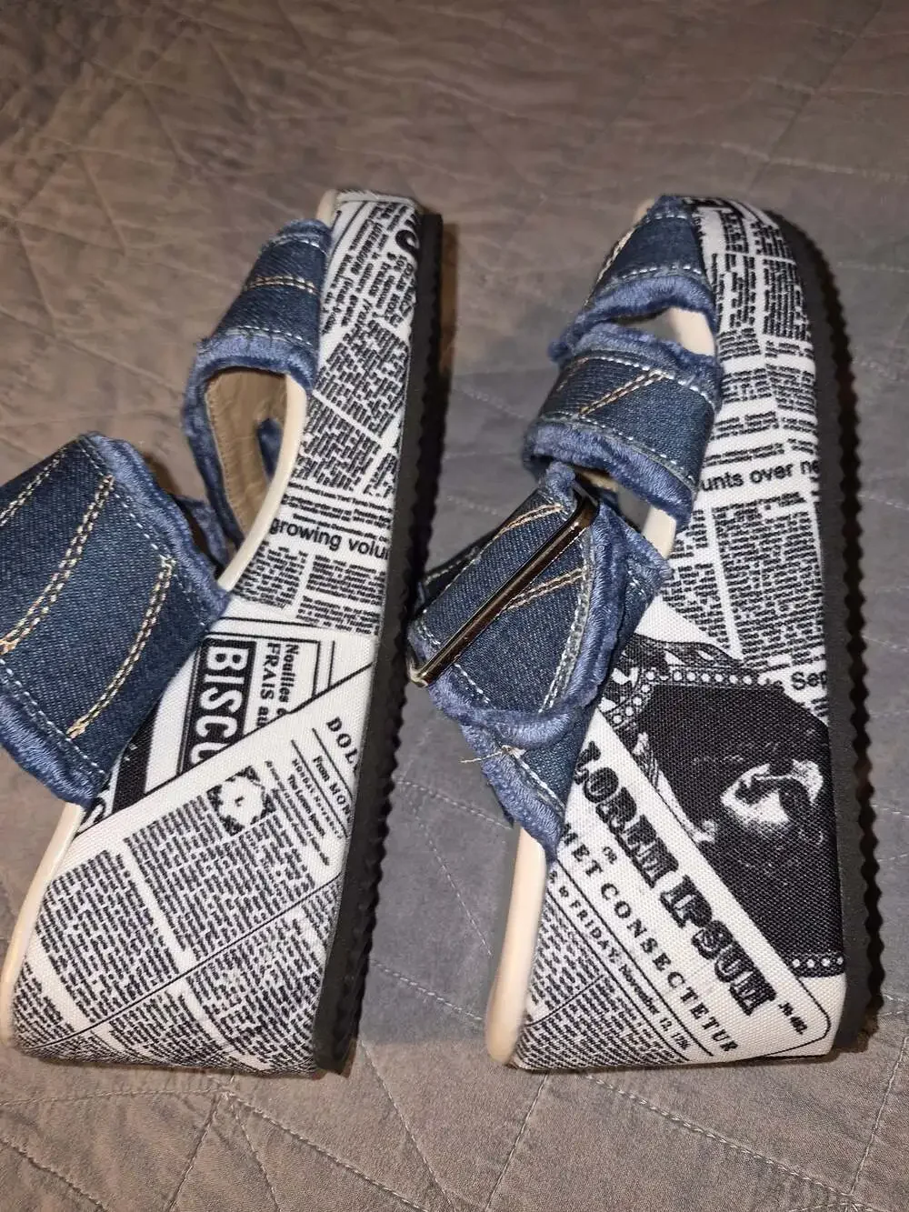 Women's Denim and Newspaper Print Platform Wedge Sandals with Buckle Strap